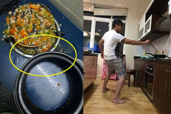 Được ngày chồng vào bếp, cơm canh có thể sẵn sàng mỗi tội 'nồi ơi ở lại, đáy đi nhé'