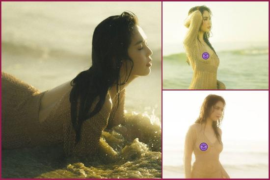 Ngọc Trinh lộ nơi nhạy cảm khi mặc váy lưới không nội y quằn quại trên bãi biển