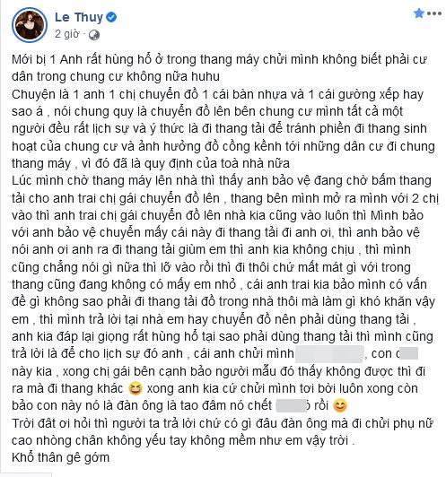 Lê Thúy bị hàng xóm dọa lấy mạng chỉ vì nhắc nhở ý thức đi thang máy-1