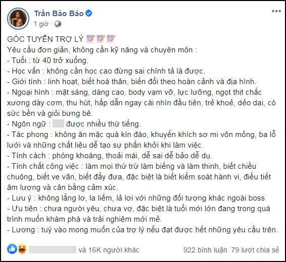 BB Trần đăng tin tuyển trợ lý, tiêu chí nghe như chọn diễn viên phim cấp ba-1