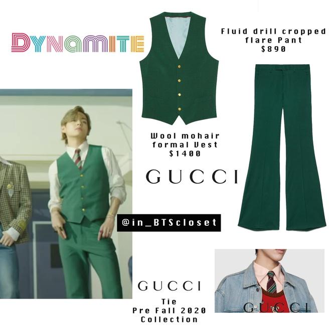 Bộ đồ tông xanh của Gucci được bán 1.400 USD cho áo và 890 USD với dáng quần ống loe. Ảnh: @in_BTScloset.