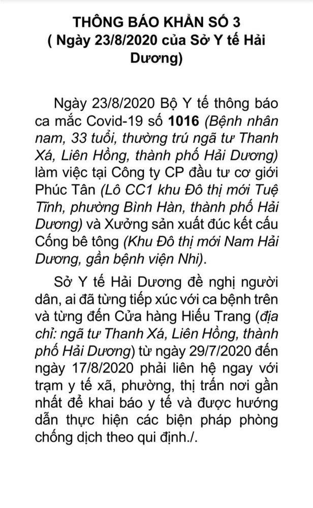 Thông báo KHẨN của Sở Y tế tỉnh Hải Dương về bệnh nhân COVID-19 số 1016-1