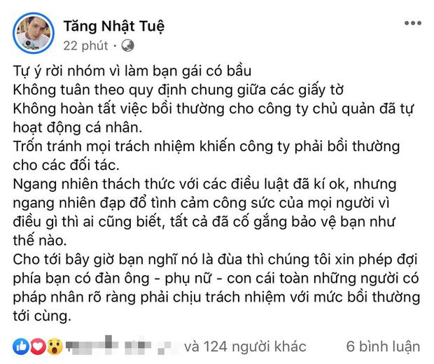 BIẾN CĂNG: Tăng Nhật Tuệ tố 1 nam ca sĩ tự ý rời nhóm vì làm bạn gái có bầu, không bồi thường cho công ty chủ quản-1