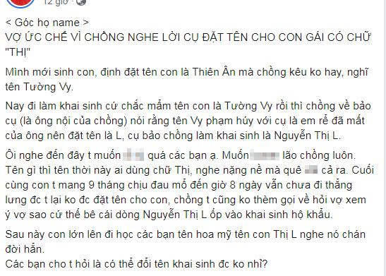 Vợ nổi cơn tam bành vì chồng nghe lời người lớn đặt tên con có chữ Thị-1