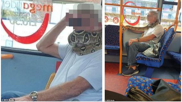 Kinh hãi người đàn ông quấn trăn quanh cổ thay cho việc đeo khẩu trang trên xe bus-1