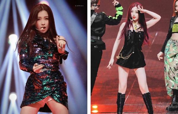 Ngu Thư Hân diện một chiếc váy ngắn đầy sang trọng. Tuy nhiên, trang phục này không phù hợp với việc biểu diễn trên sân khấu. Trong nhiều khoảnh khắc, "thánh biểu cảm lố" lộ quần bảo vệ. Bộ trang phục thứ 2 (ảnh phải) của Ngu Thư Hân cũng quá ngắn, có nguy cơ lộ hàng.