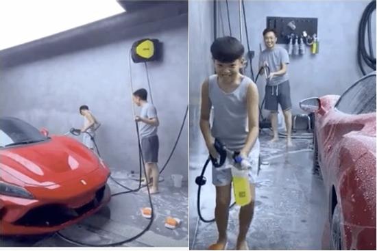 Con trai Cường Đô La tự tay rửa siêu xe cho bố