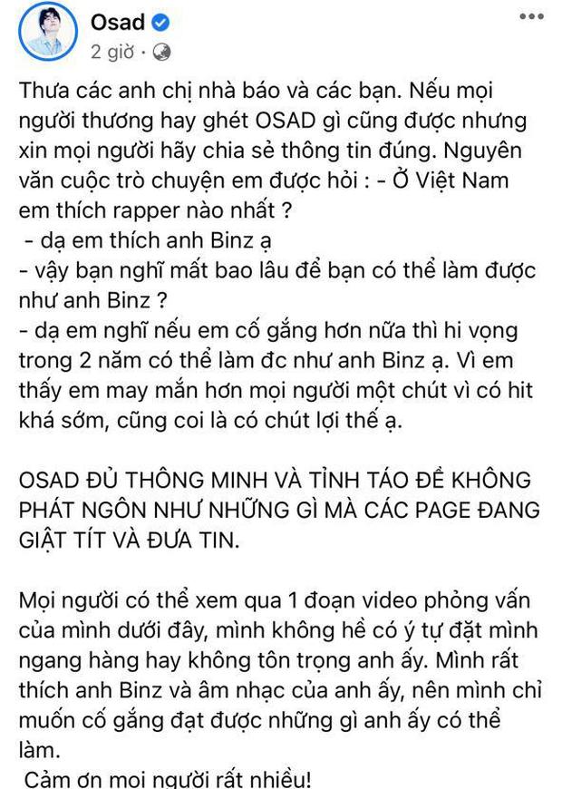 OSAD đính chính sau khi bị chỉ trích gay gắt về phát ngôn: 2 năm nữa tôi sẽ thay thế anh Binz-4