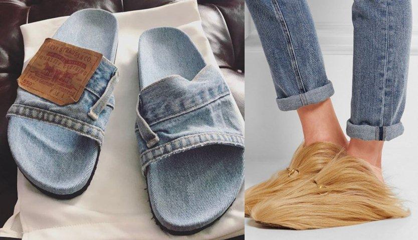Hai mẫu dép trên đảm bảo về mặt thời trang. Tuy nhiên, tính ứng dụng của chúng chưa cao bởi bạn không thể diện dép chất liệu jeans hay lông ra đường vào ngày mưa gió. Ảnh: Brightside.