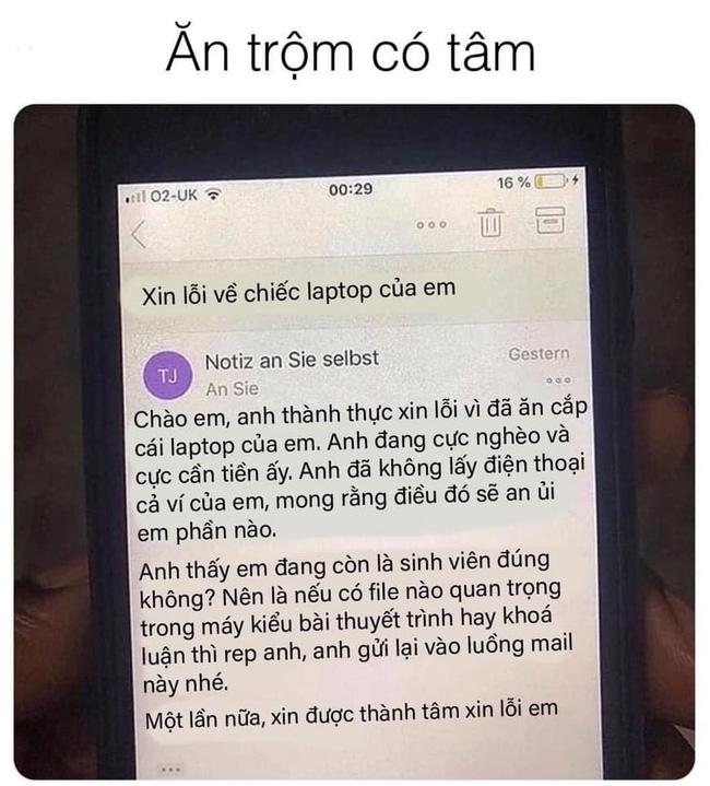 Trộm có tâm, lấy laplop của sinh viên còn nhắn tin xin lỗi khiến khổ chủ há hốc miệng-1