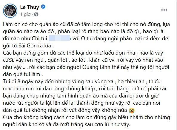 Lê Thúy bức xúc trước thông tin người dân vùng lũ vứt quần áo từ thiện-2