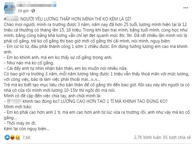 Trách bạn trai ra trường 3 năm lương chỉ lẹt đẹt 9 triệu, cô gái bị chỉ trích vì một lý do-1