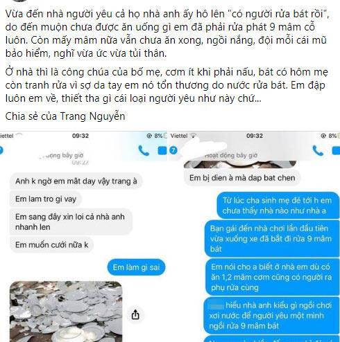 Vừa về đến nhà bạn trai, cơm chưa được ăn đã bắt rửa 9 mâm bát, cô gái phản đòn gắt-1