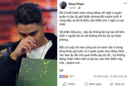 Karik bênh vực GDucky khi bị lên án vì biểu cảm lúc nhận giải Á quân Rap Việt