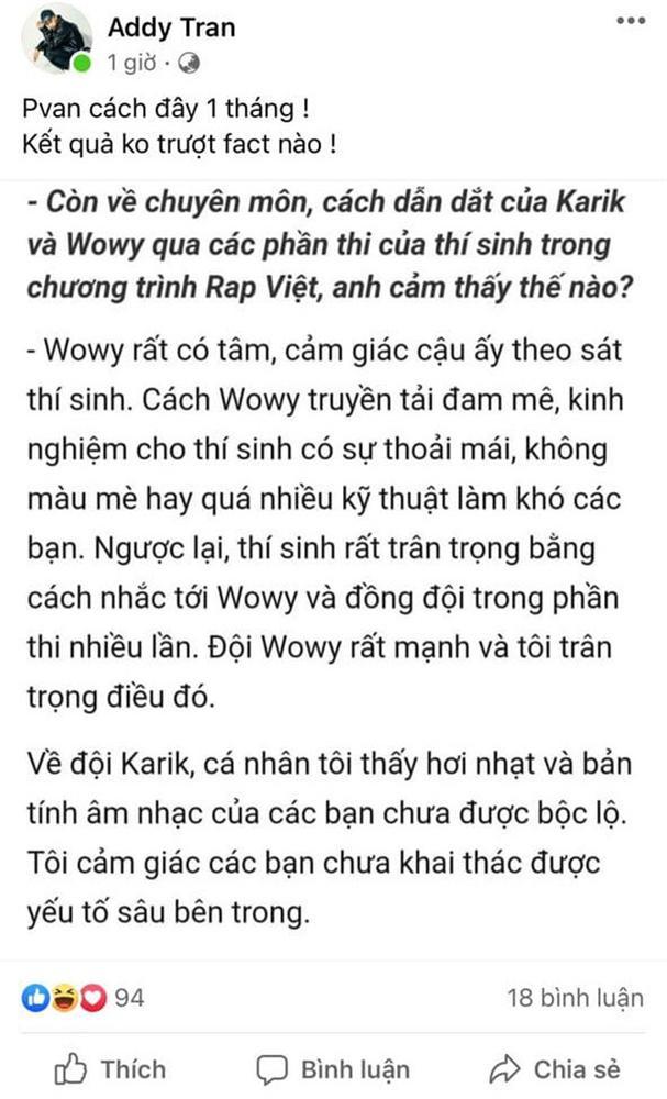 Producer âm nhạc King Of Rap cà khịa Karik dẫn đắt đội mờ nhạt thua Wowy, HLV Rap Việt đáp trả thẳng thắn-1