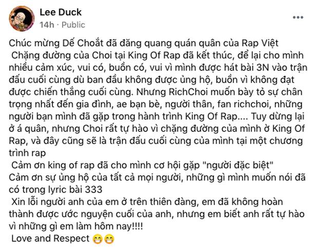Á quân King Of Rap RichChoi vì sao chỉ chúc mừng Quán quân Rap Việt?-3