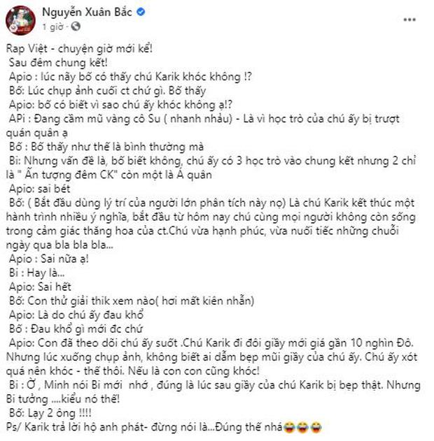 Con trai Xuân Bắc tiết lộ Karik khóc nhè tại hậu trường Rap Việt vì bị bẹp giày 10.000 USD-3