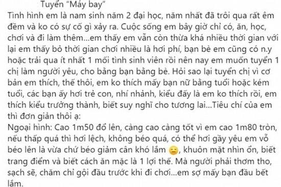 Chàng trai 2k đăng đàn tuyển 'máy bay', nhìn loạt tiêu chí không ai dám lại gần