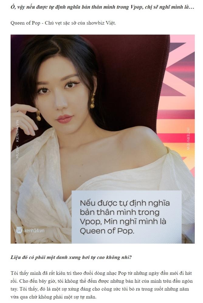 Làng nhạc Việt quăng đá tảng vào Min khi tự luyến, gọi mình là Queen of Pop-1