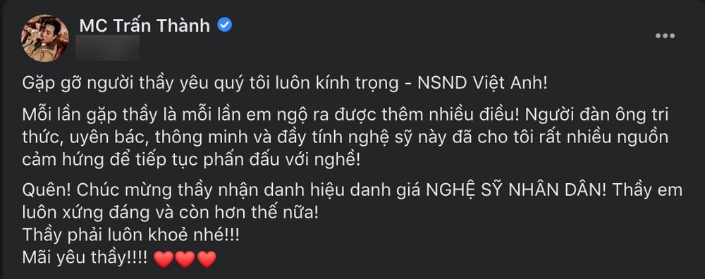 Sau ồn ào với Cát Phượng, NSND Việt Anh hội ngộ Trấn Thành - Trịnh Thăng Bình: Đàn em hết mực nể trọng!-2