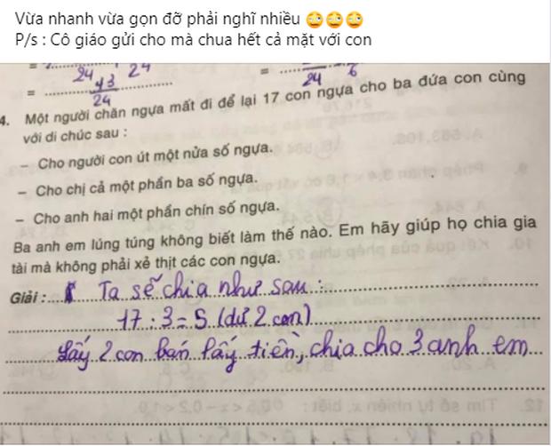 Cười xỉu đáp án của nhóc tiểu học khi giải đề bài chia đều 17 con ngựa cho 3 người-2