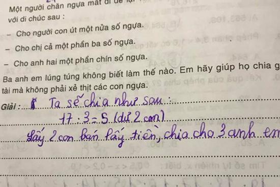 Cười xỉu đáp án của nhóc tiểu học khi giải đề bài 'chia đều 17 con ngựa cho 3 người'