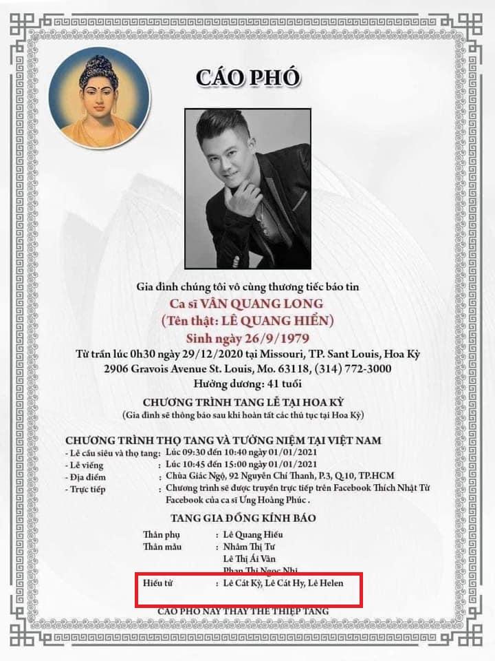 Vợ Vân Quang Long phủ nhận ăn cắp cáo phó, đổi tên con riêng của chồng-1