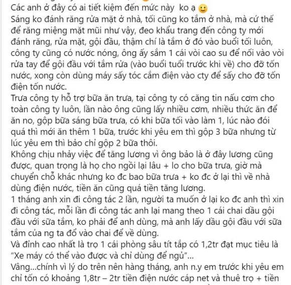 Cô gái hoang mang vì bạn trai siêu tiết kiệm: Đánh răng, tắm luôn ở công ty để đỡ tốn tiền nước-1