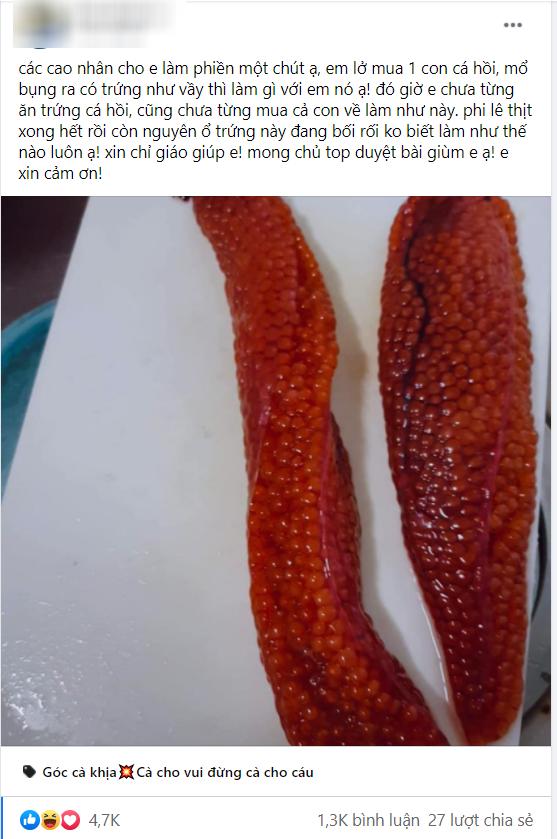Mổ cá hồi phát hiện buồng trứng siêu to, mẹ trẻ lên hỏi dân mạng cách chế biến, được tư vấn hài hước-1