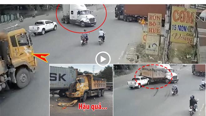 Clip: Bẻ lái lách trúng khe hiểm, xe ben vẫn bị bẹp đầu-2