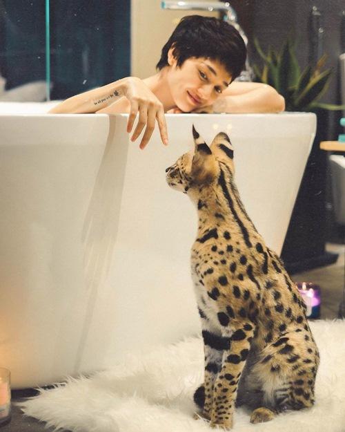 Bảo Anh khéo léo chơi đùa cùng thú cưng bên bồn tắm.