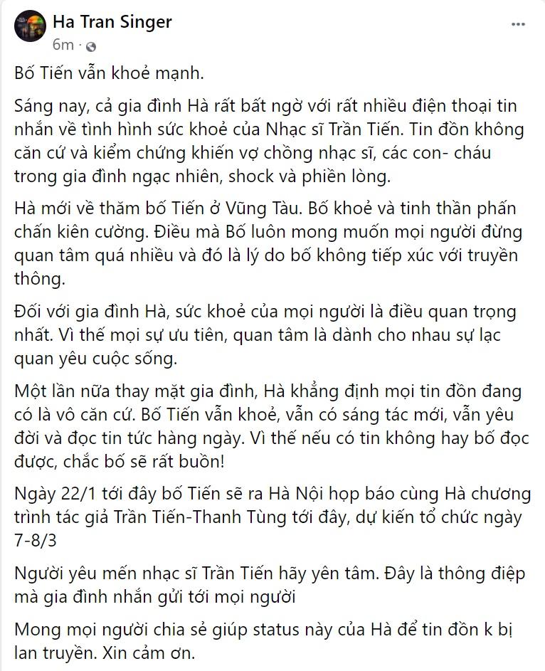 Diva Hà Trần bác tin nhạc sĩ Trần Tiến qua đời-1