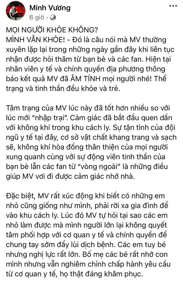 Minh Vương (M4U) nhận kết quả âm tính lần 1 với Covid-19, tiết lộ tình trạng sau 3 ngày cách ly tập trung-1