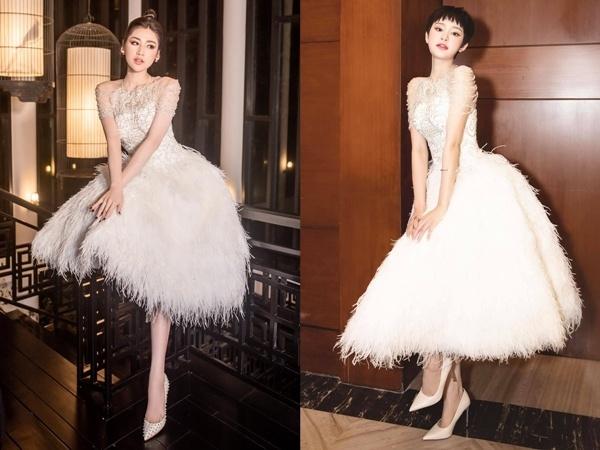 Cùng hóa thành hai cô thiên nga dịu dàng với kiểu đầm đính lông vũ trắng muốt của NTK Lê Thanh Hòa, cả Tú Anh và Hiền Hồ đều thành công tôn trọn vẻ kiêu sa, mong manh của mình.