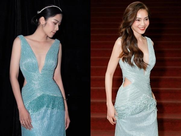 Đều có vóc dáng mảnh mai, cân đối, Nam Em và Lan Ngọc đều vô cùng quyến rũ, nổi bật khi diện cùng một bộ váy. Thiết kế xẻ ngực sâu, cut-out ở hông giúp hai mỹ nhân đình đám khoe trọn vòng một gợi cảm cùng vòng eo con kiến.