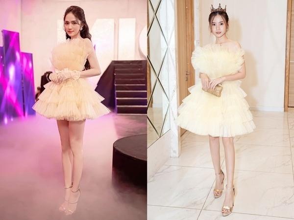 Thiết kế đầm xếp voan tầng của NTK Nguyễn Minh Công giúp Hương Giang và Midu tỏa sáng. Ngoài ra, Hương Giang lại được khen sáng tạo khi biến tấu bằng cách cắt ngắn váy, tôn lên đôi chân thon dài nuột nà. Nếu Midu chọn phối váy cùng vương miện thì Hương Giang lại đeo găng tay đồng điệu.