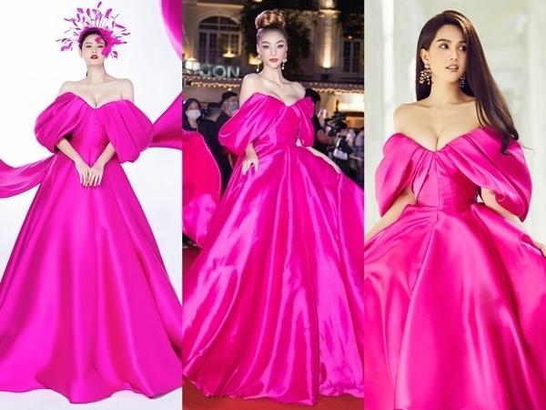 Cùng diện bộ váy hồng rực lộng lẫy, trễ nải, Á hậu Kiều Loan  Trương Quỳnh Anh và Ngọc Trinh đều khai thác được lợi thế cơ thể khi tôn được vòng một nóng bỏng. Mỗi người đẹp lại tạo được nét riêng nhờ kiểu tóc, lối trang điểm và phụ kiện khác nhau.