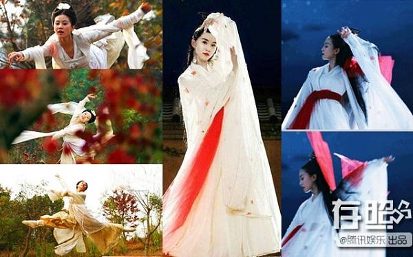Trong "Túy linh lung", Lưu Thi Thi đã thể hiện khả năng múa uyển chuyển vô cùng quyến rũ. Hình ảnh nữ diễn viên trong chiếc váy trắng cùng tà lụa dài đỏ khiến cư dân mạng không khỏi suýt xoa.