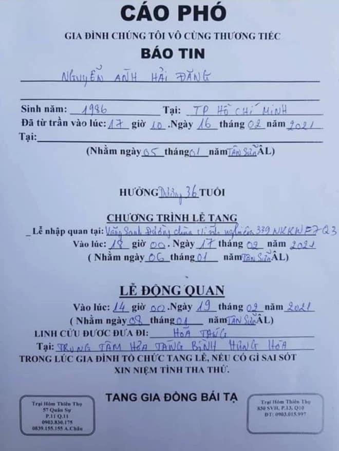 Thời gian, địa điểm tổ chức tang lễ cố nam diễn viên Hải Đăng-2