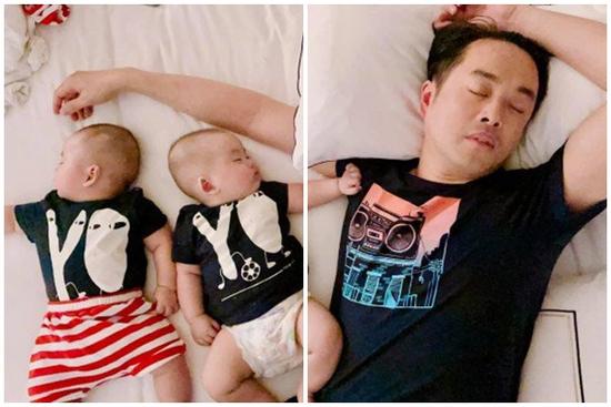 Dáng ngủ 'bá đạo' của 3 bố con Dương Khắc Linh