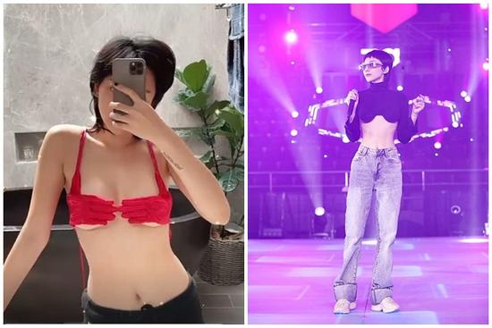 Tóc Tiên mặc áo bikini mang hình 'bàn tay hư'