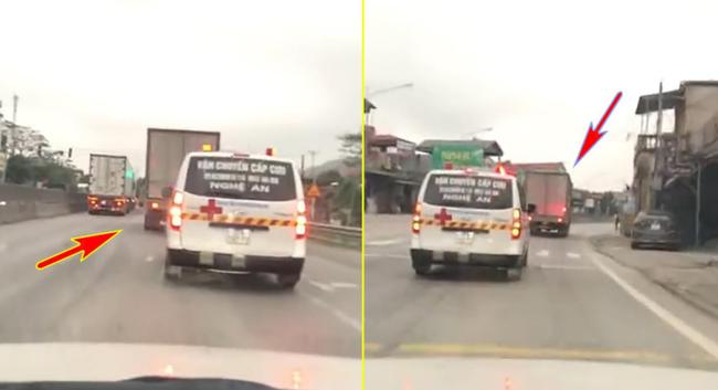 Clip: Xe cứu thương hú còi inh ỏi, ô tô tải quyết không nhường-1