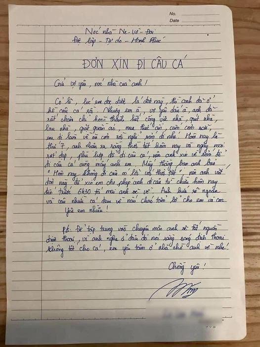 Lá đơn xin đi câu cá chồng gửi nóc nhà khiến hội anh em giật mình-1