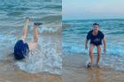Duy Khánh ngã chổng vó trên bãi biển, mặt mũi thê thảm