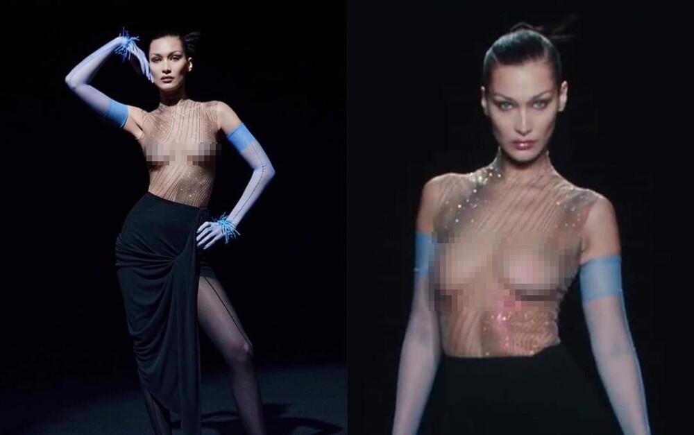 Siêu mẫu Bella Hadid để ngực trần trụi khi trình diễn show thời trang-1