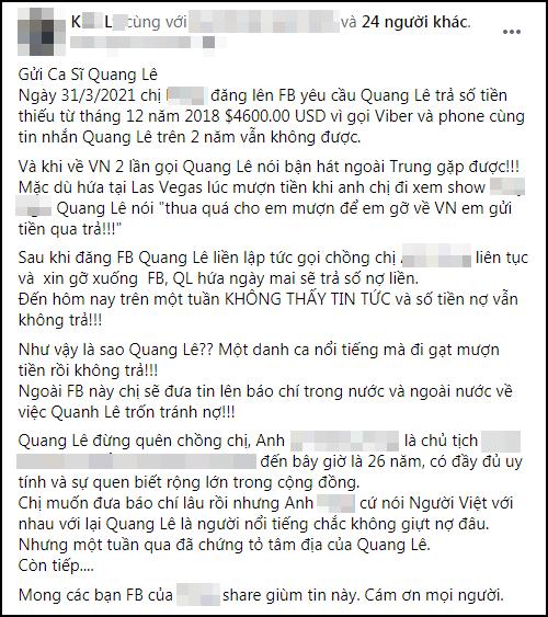 Bị tố quỵt hơn 100 triệu đồng, ca sĩ Quang Lê nói gì?-1