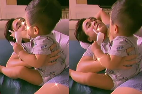 Cưng xỉu khoảnh khắc con trai Hòa Minzy thoa kem dưỡng da cho bố-1