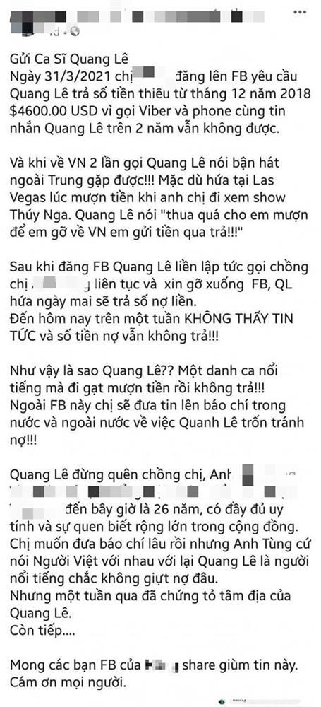 Người tố Quang Lê nợ 100 triệu tuyên bố Facebook bị hack-2