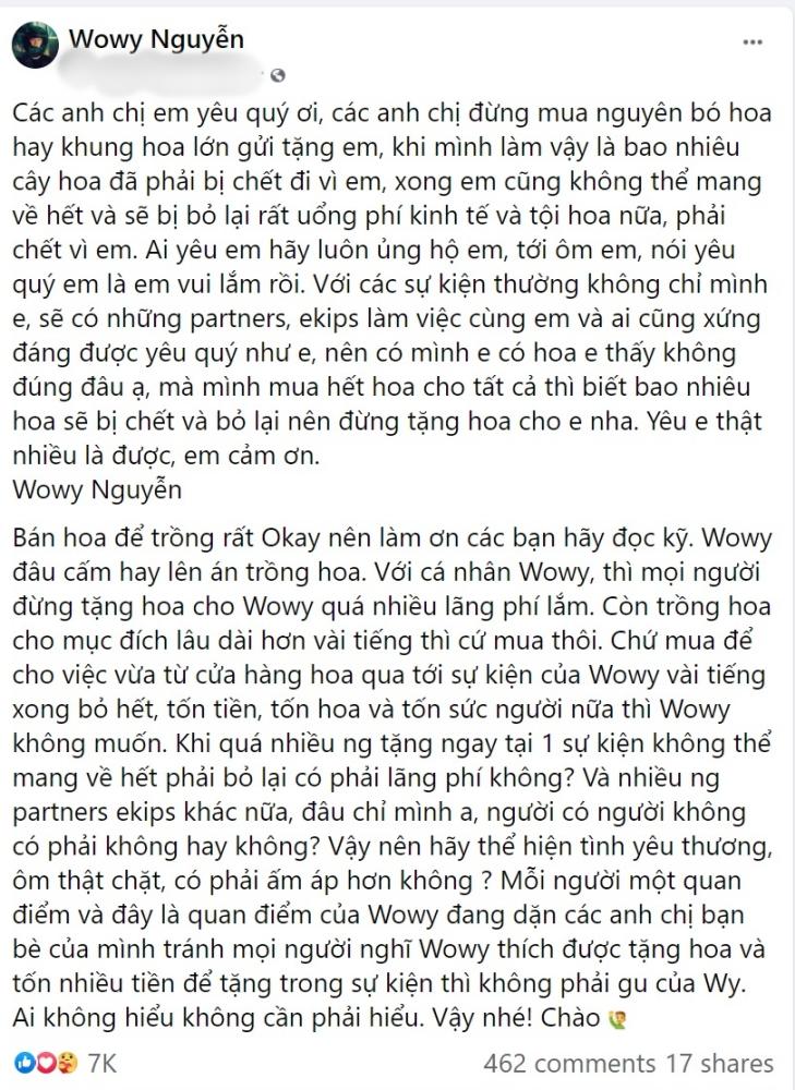 Wowy bị chỉ trích làm màu khi đề nghị mọi người đừng tặng hoa-1