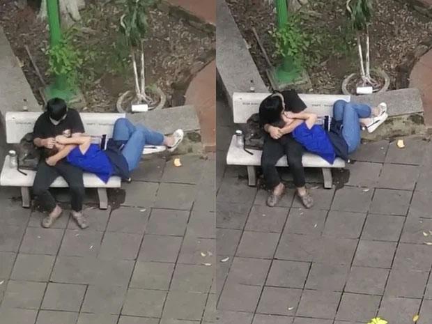 Sau giờ học, cặp đôi nằm lên ghế đá, ôm hôn nhau ngay nơi công cộng-3